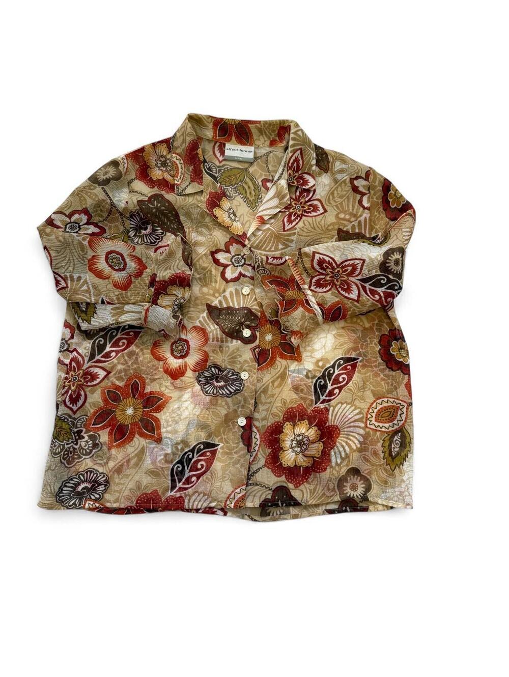 Alfred Dunner Petite Sheer Floral Button Up Blouse Boho Earthy Cottagecore